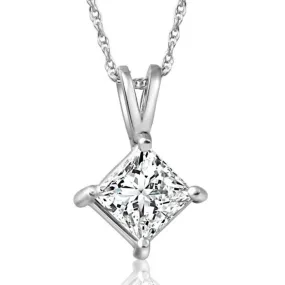 1ct Princess Cut Enhanced Diamond Solitaire Pendant 14K White Gold & 18" Chain