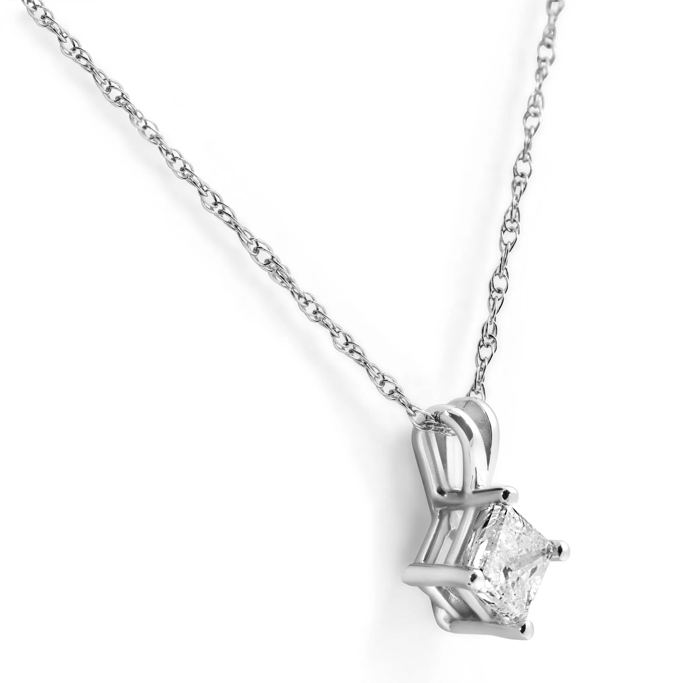 1ct Princess Cut Enhanced Diamond Solitaire Pendant 14K White Gold & 18" Chain