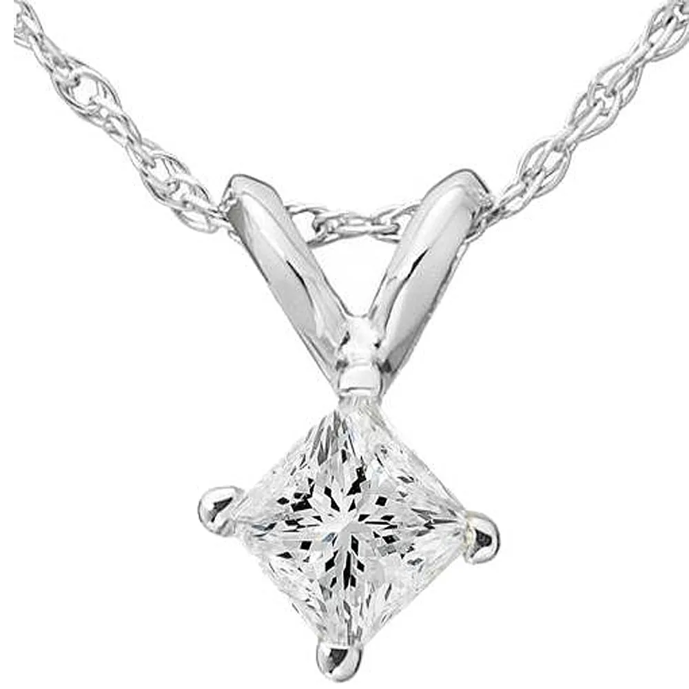 1ct Princess Cut Enhanced Diamond Solitaire Pendant 14K White Gold & 18" Chain