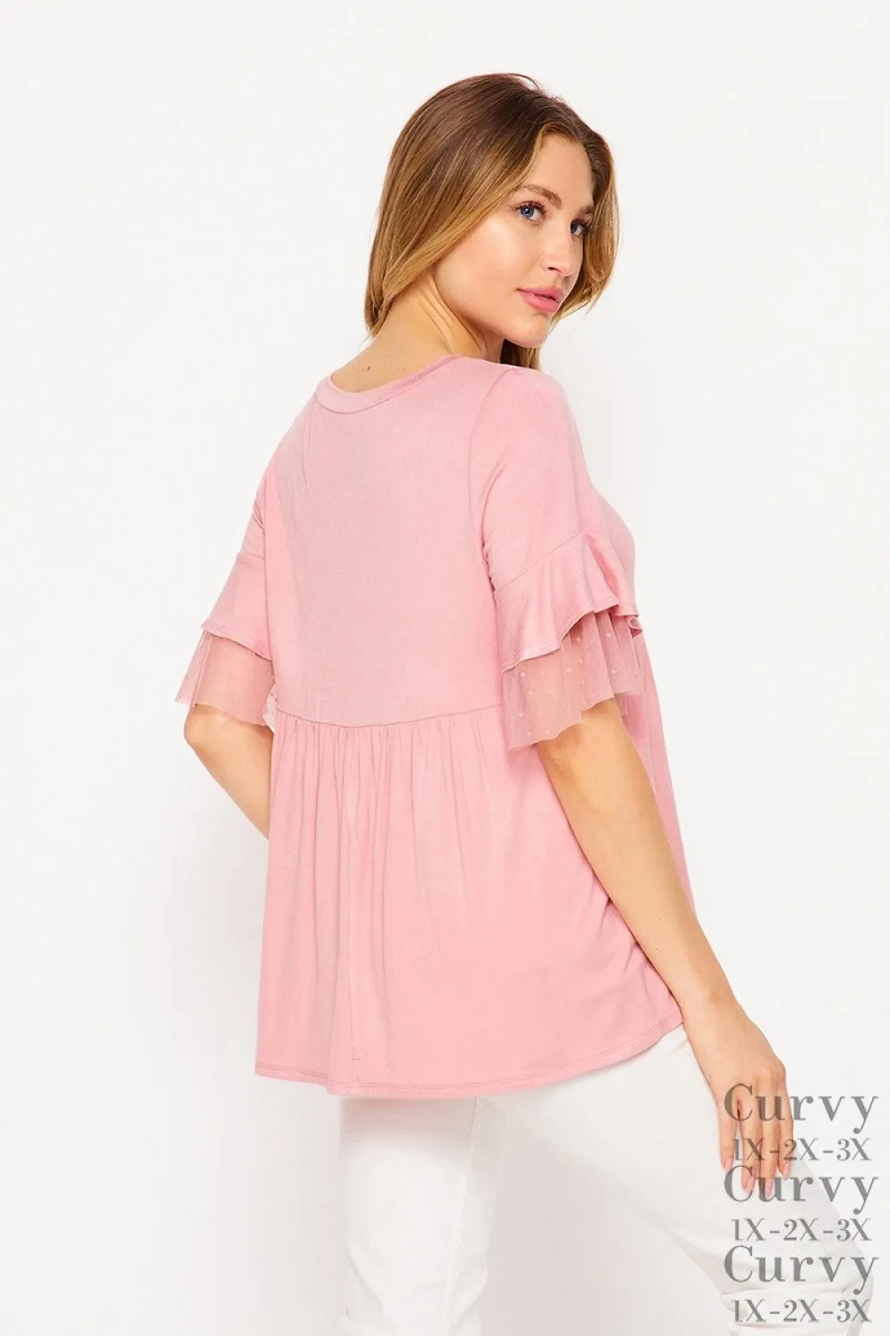 Baby Doll Top with Sheer Ruffle Sleeves - Mauve