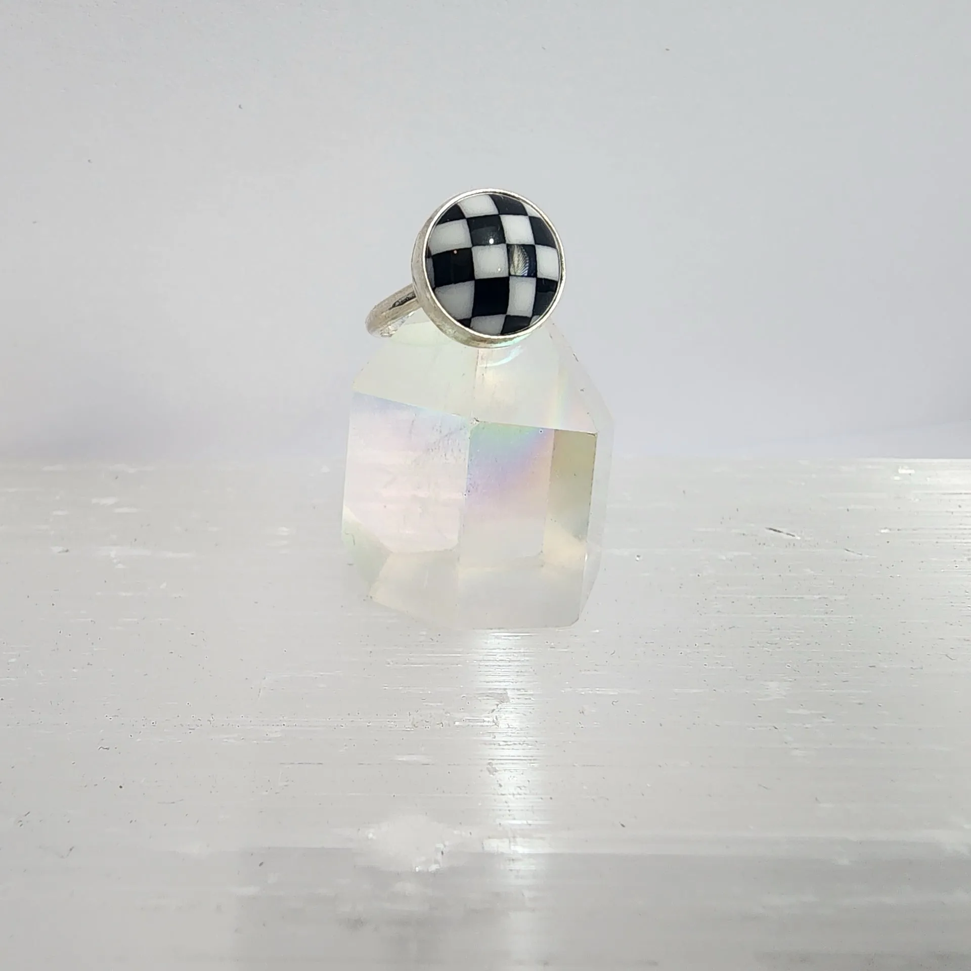 Black and White Glass Check Ring / Size 6