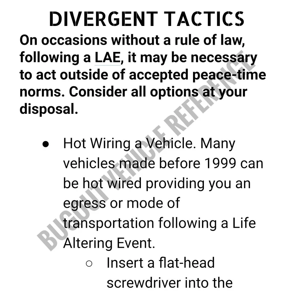 Bugout Vehicle Reference - Vehicular Prepping and Operation