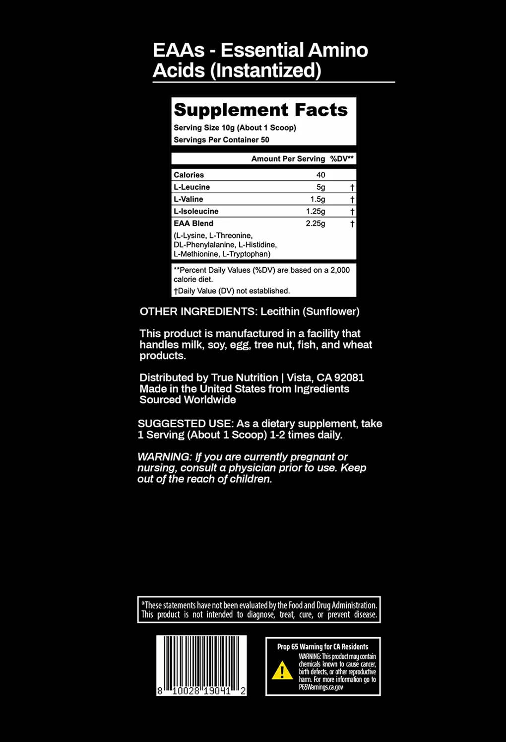 EAA's – Essential Amino Acids – Instantized Powder