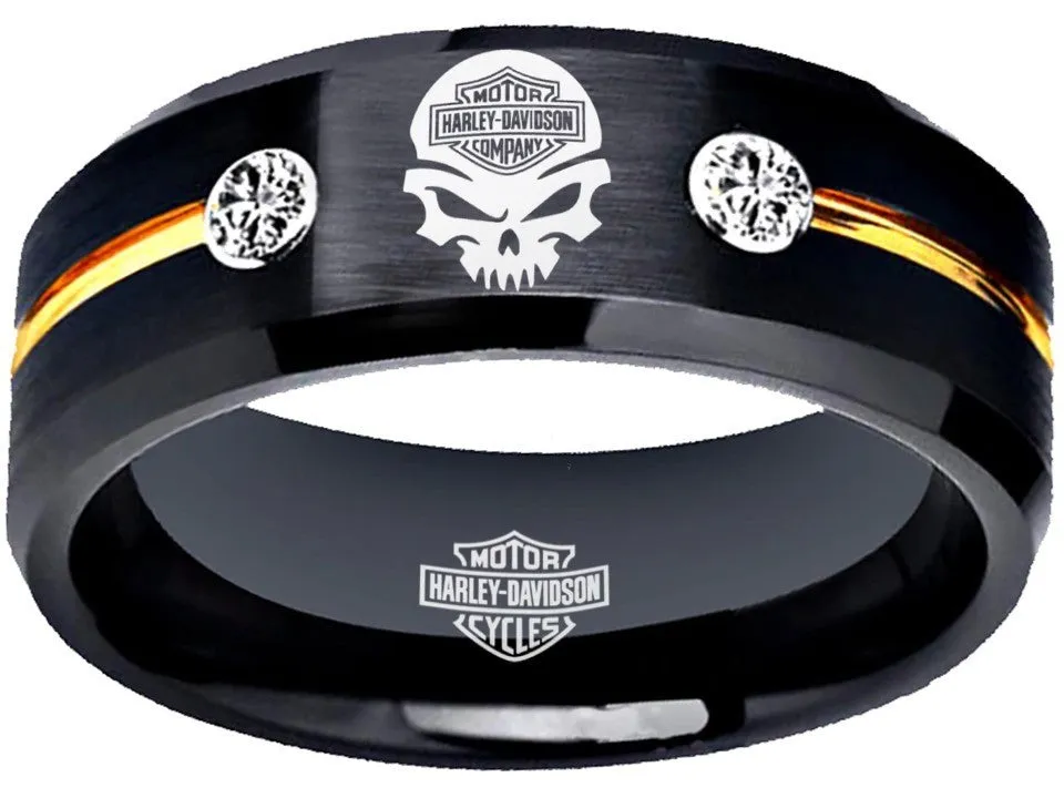 Harley Davidson Ring HD Motorcycle Logo Ring Black and Gold CZ Wedding Band Men Women