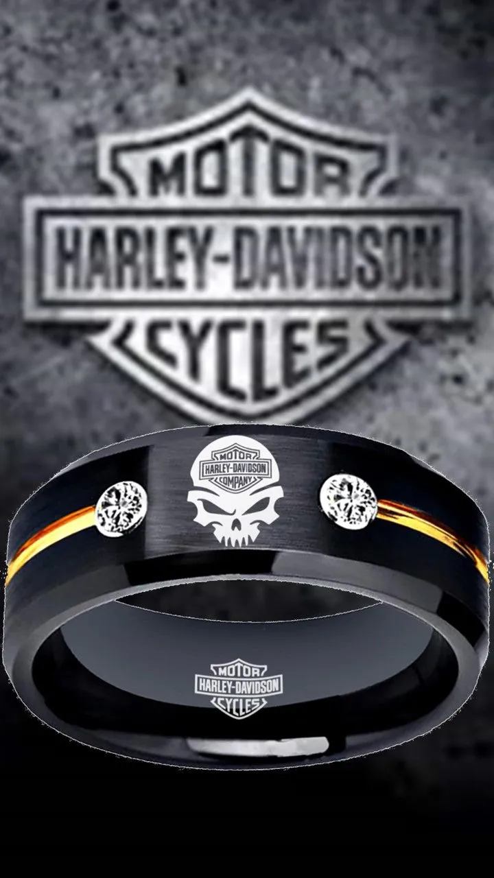 Harley Davidson Ring HD Motorcycle Logo Ring Black and Gold CZ Wedding Band Men Women