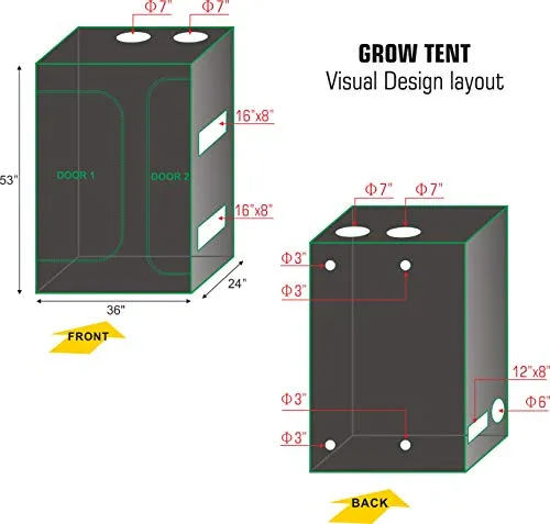 Hydro Plus Growing Tent 36''x24''x53'' Grow Tent Kit 2-in-1 Indoor Plants Growing Dark Room Non Toxic Hut (36''x24''x53'' Tent)