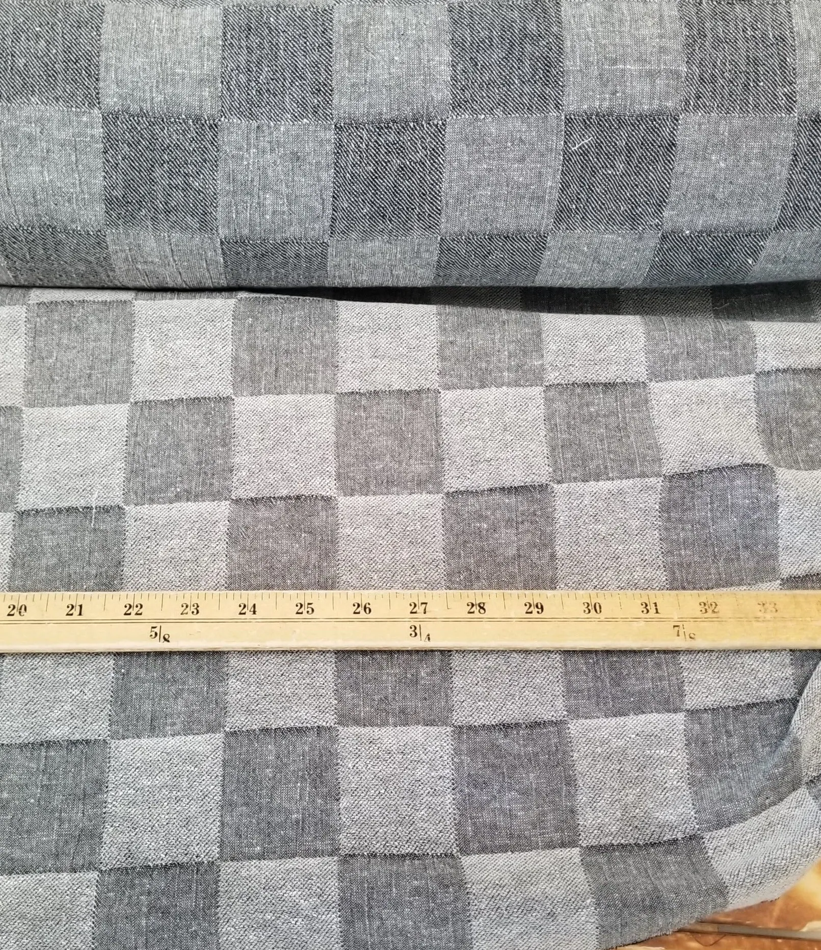 LA Finch 5 yard precut: 5 yards of Designer Deadstock Grunge Gray/Blue Check 100% Linen Medium Weight Jacquard Woven