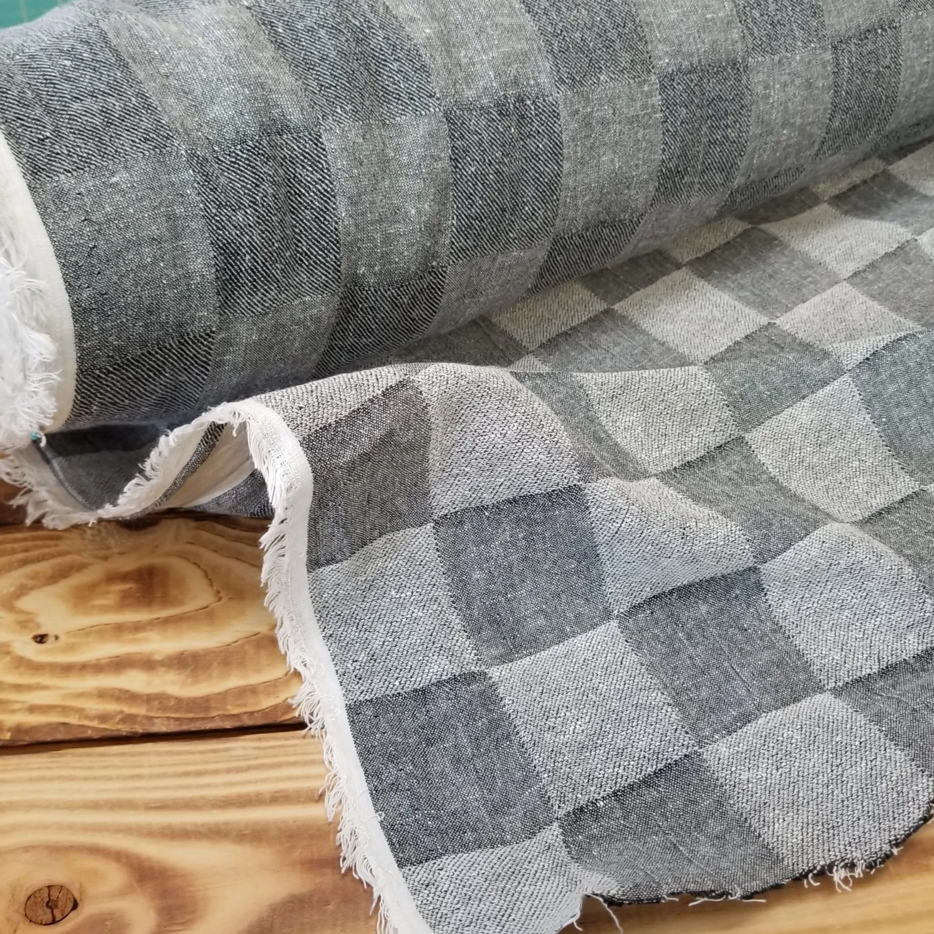 LA Finch 5 yard precut: 5 yards of Designer Deadstock Grunge Gray/Blue Check 100% Linen Medium Weight Jacquard Woven