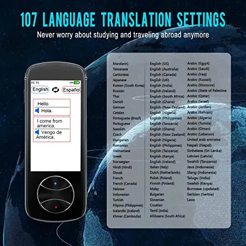 Language Translator Device 107 Languages Two Way Portable Instant Voice Translator, Support Photograph Handheld Accurate Translation, Smart Real-Time WiFi/Hotspot/Offline 3.0 HD Touch Screen