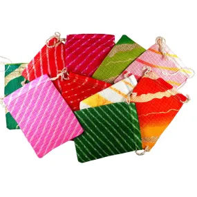 Multi Color Fabric Lehriya Print Cotton Tote Pouch /Potli /Gift Bag - Pack of 5, Assorted Colors