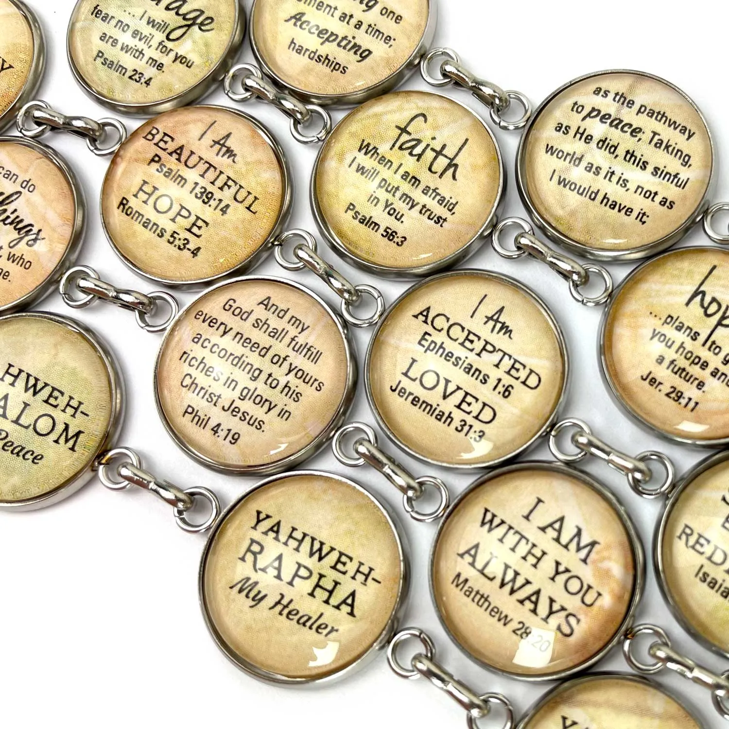 Proverbs 31 Woman Scripture Bracelet – Glass Charm Stainless Steel Bible Verse Bracelet, 7.5"-8.75"