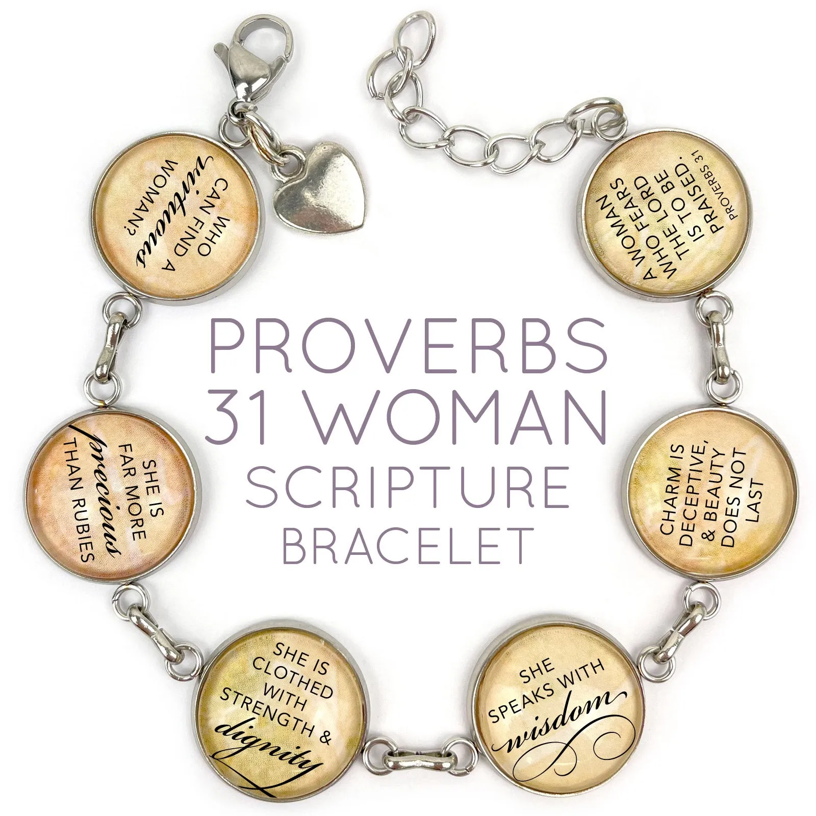 Proverbs 31 Woman Scripture Bracelet – Glass Charm Stainless Steel Bible Verse Bracelet, 7.5"-8.75"