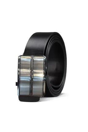 Sophisticated Black Leather Belt with Greek Key Buckle